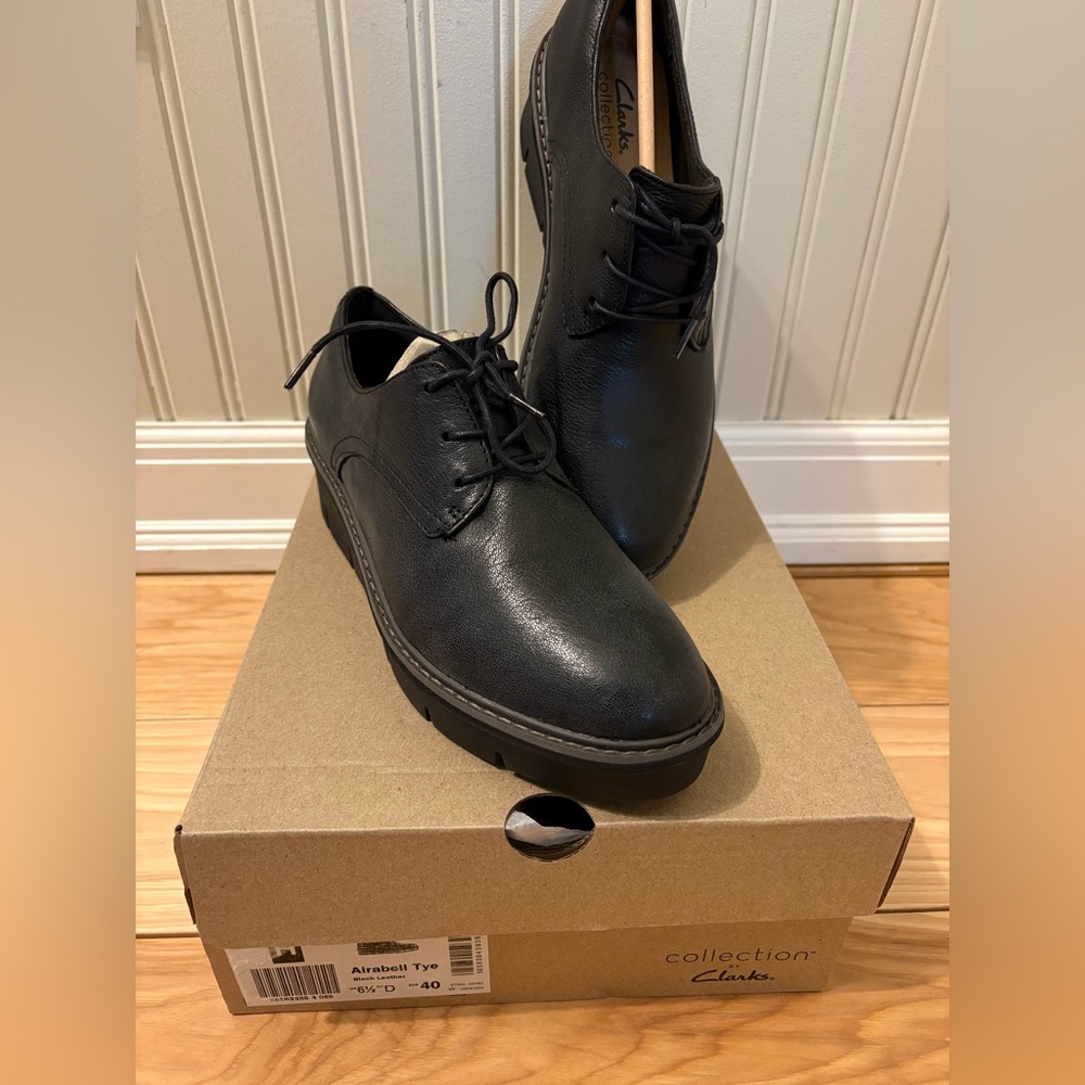 Clarks Airabell Tye Women's Sz 9 Shoes Black Comfort Wedge Platform Oxfords NEW
